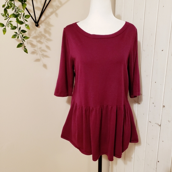 LOFT | PEPLUM SCOOPNECKED WOOL BLEND BURGANDY TOP - Picture 2 of 8